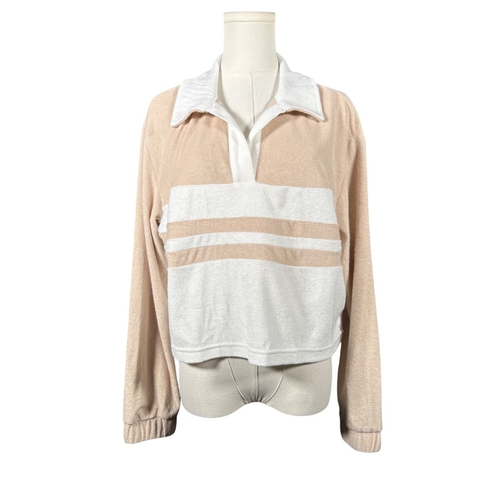 7 For All Mankind Womens Terry Cloth Striped Cropped Polo Top Tan White Medium
